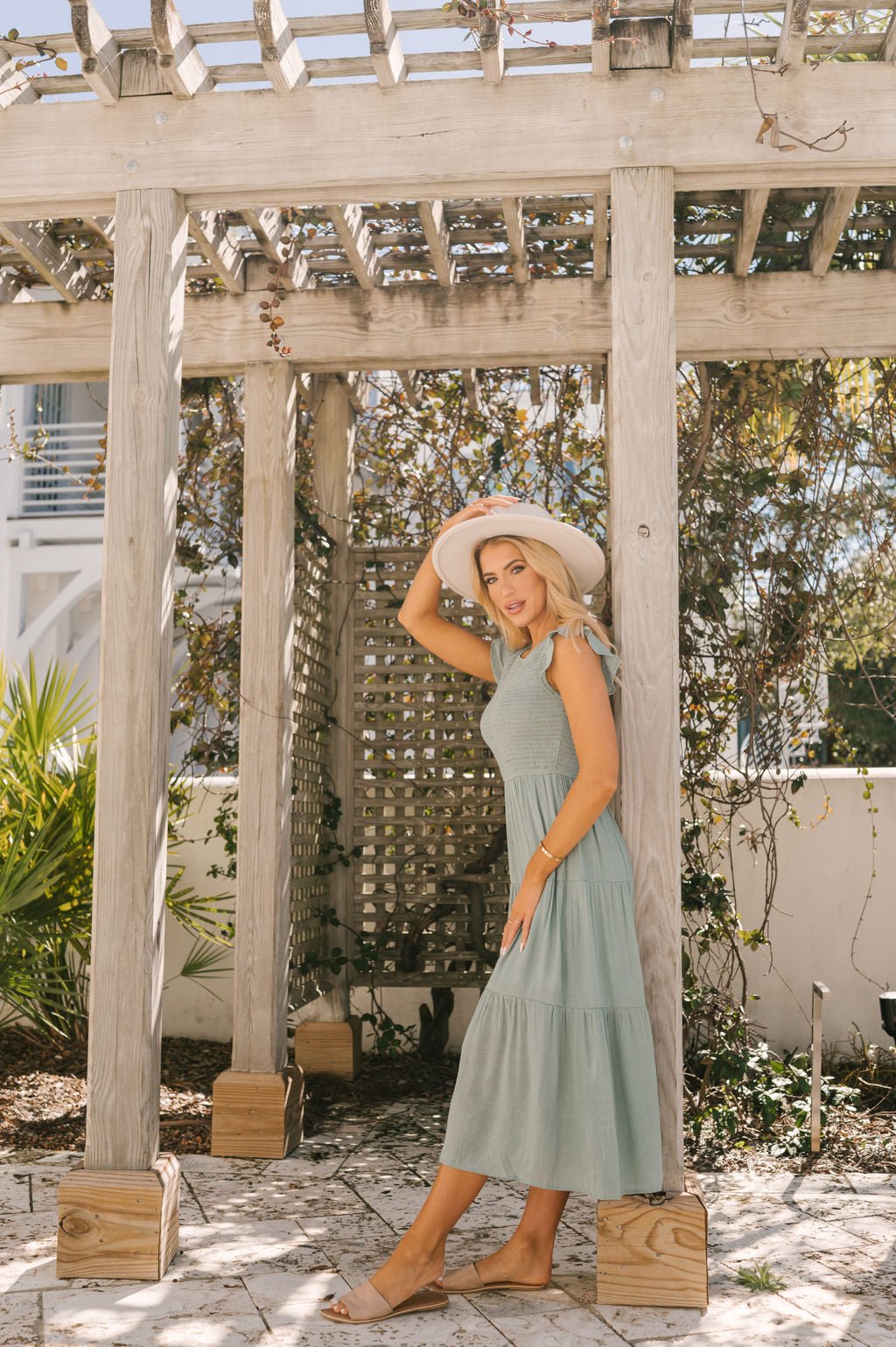 Sage Smock Tiered Midi Dress