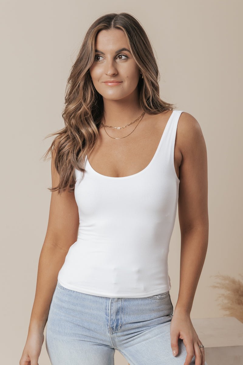 Scoop Neck Double Lined Jersey Tank - White