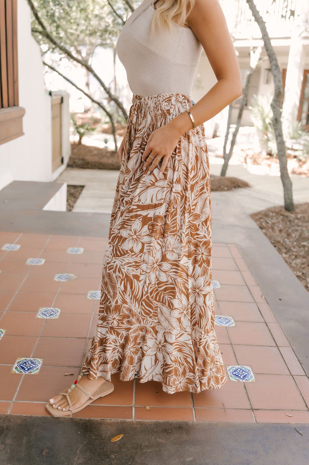 Taupe Floral Print Smocked Maxi Skirt