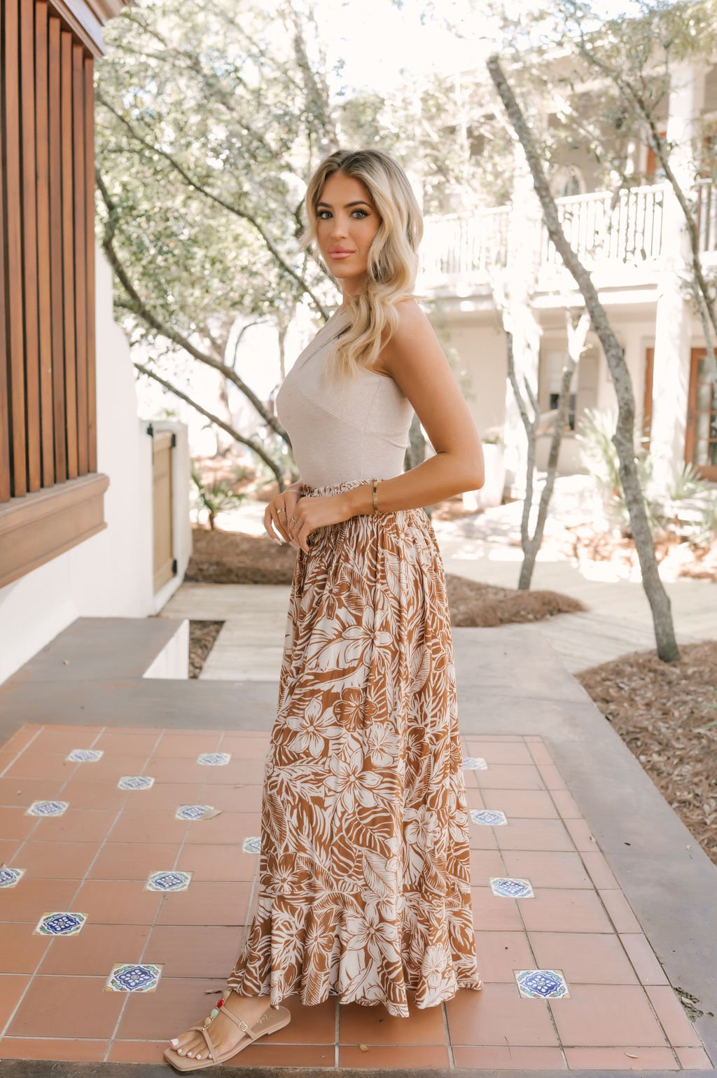 Taupe Floral Print Smocked Maxi Skirt
