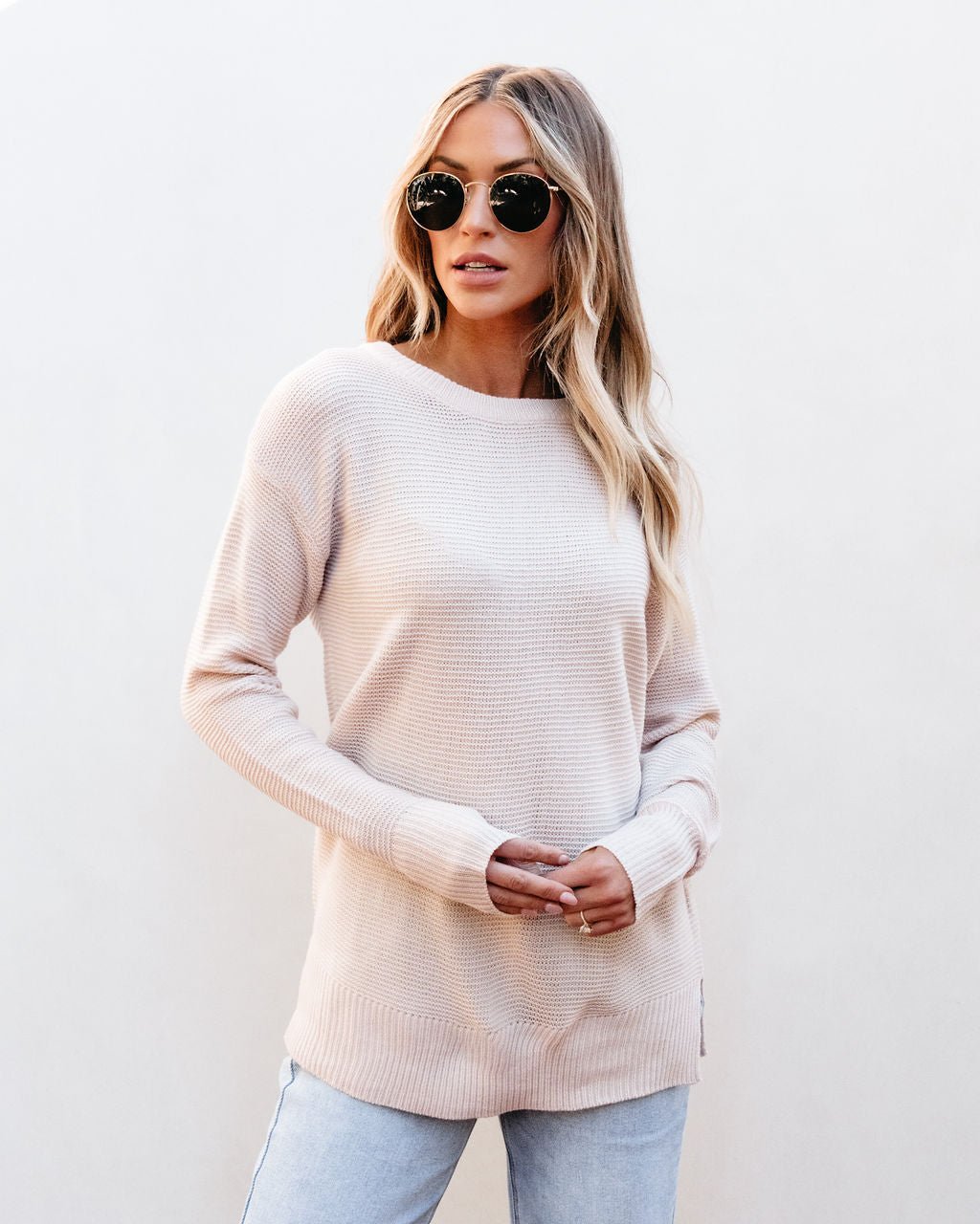 The Mini Waffle Knit Boyfriend Sweater - Blush - FINAL SALE