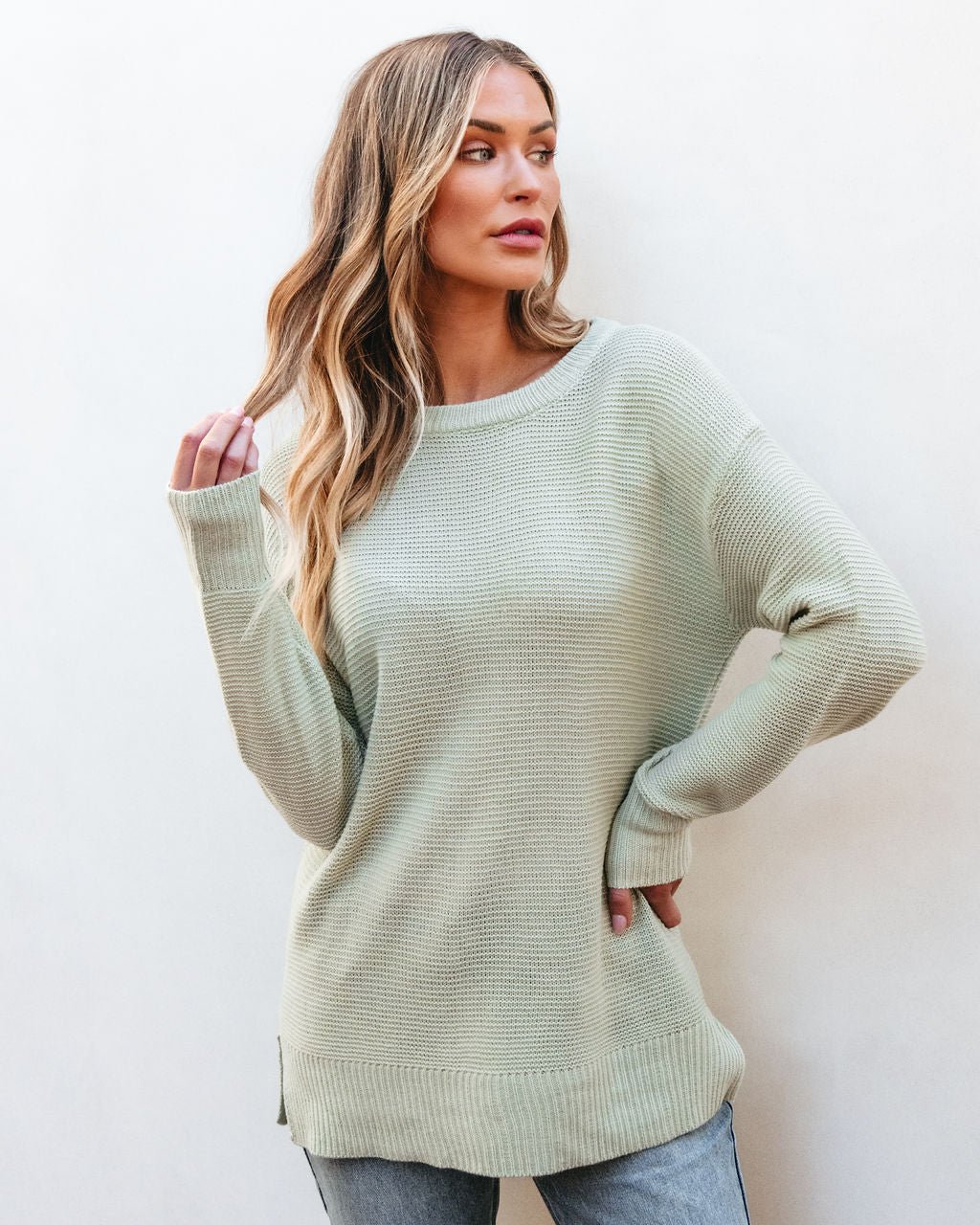 The Mini Waffle Knit Boyfriend Sweater - Sage - FINAL SALE