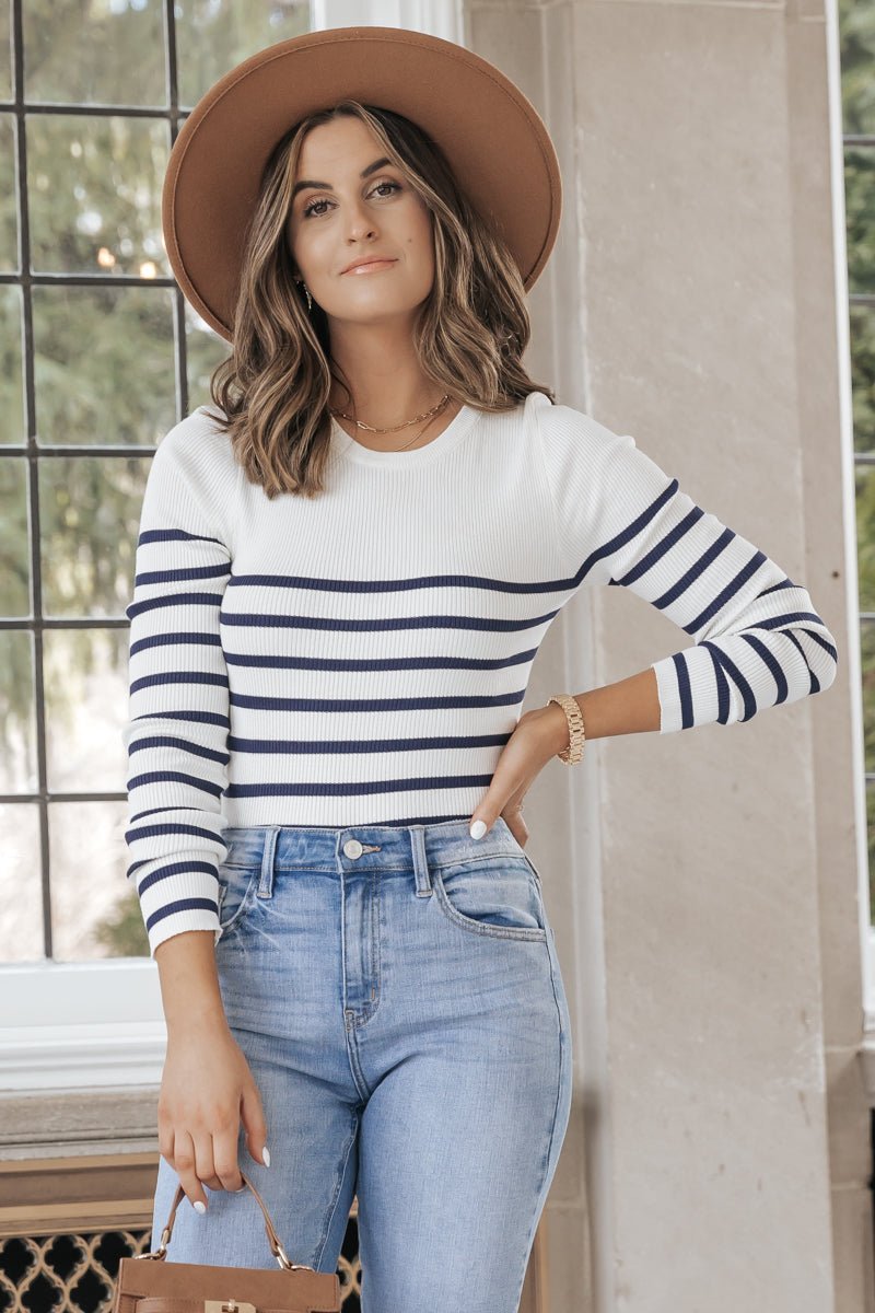White Long Sleeve Striped Top