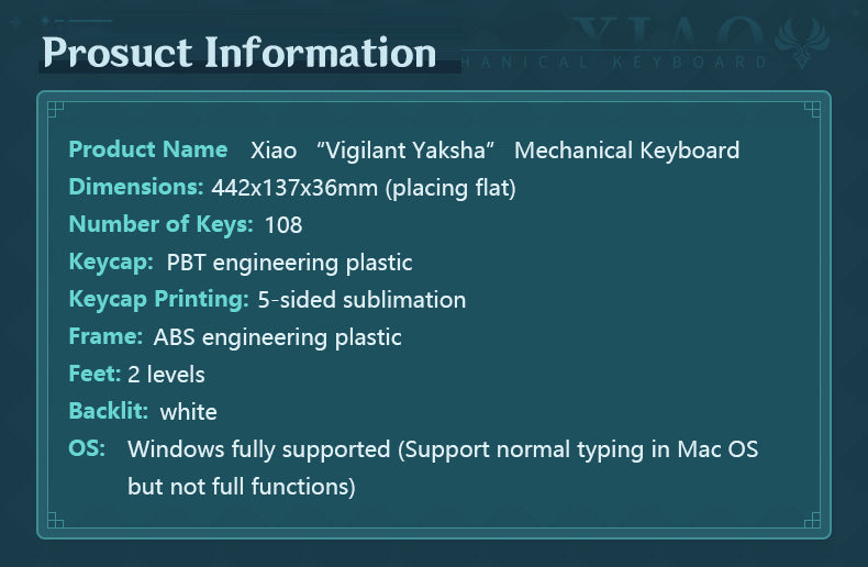 Xiao Vigilant Yaksha Mechanical Keyboard Product Specification