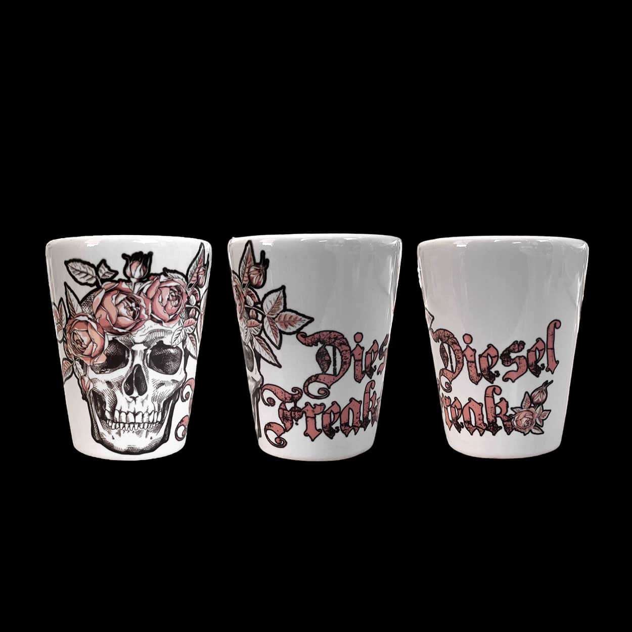 Skull and roses white ceramic shot glass