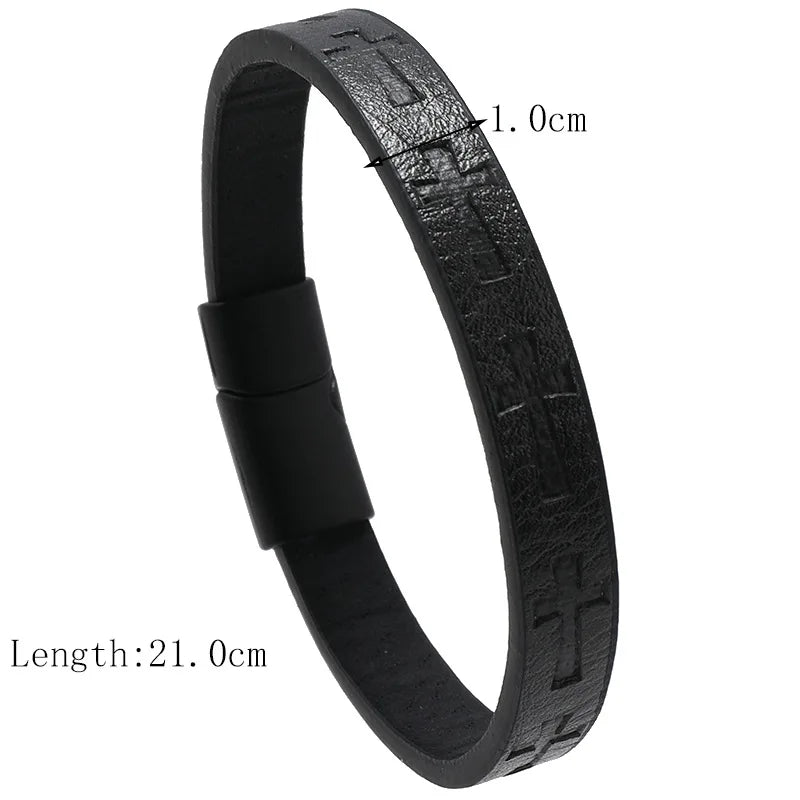 Leather Bracelet with Cross Detail and Detachable Magnet Buckle