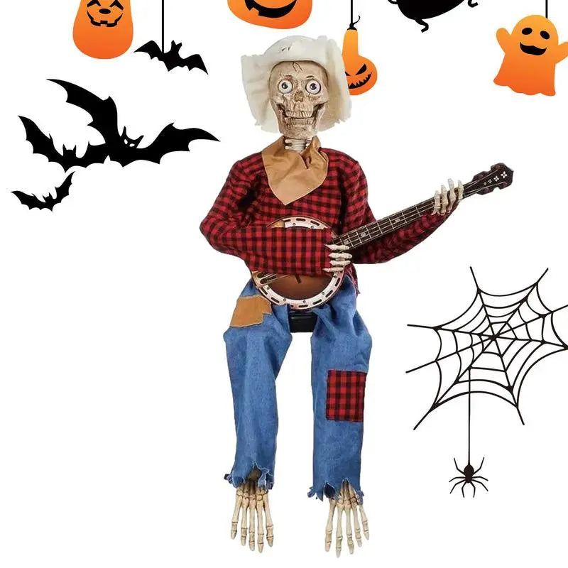 Banjo Skeleton Scary Halloween Cowboy Statue Creepy Ornament