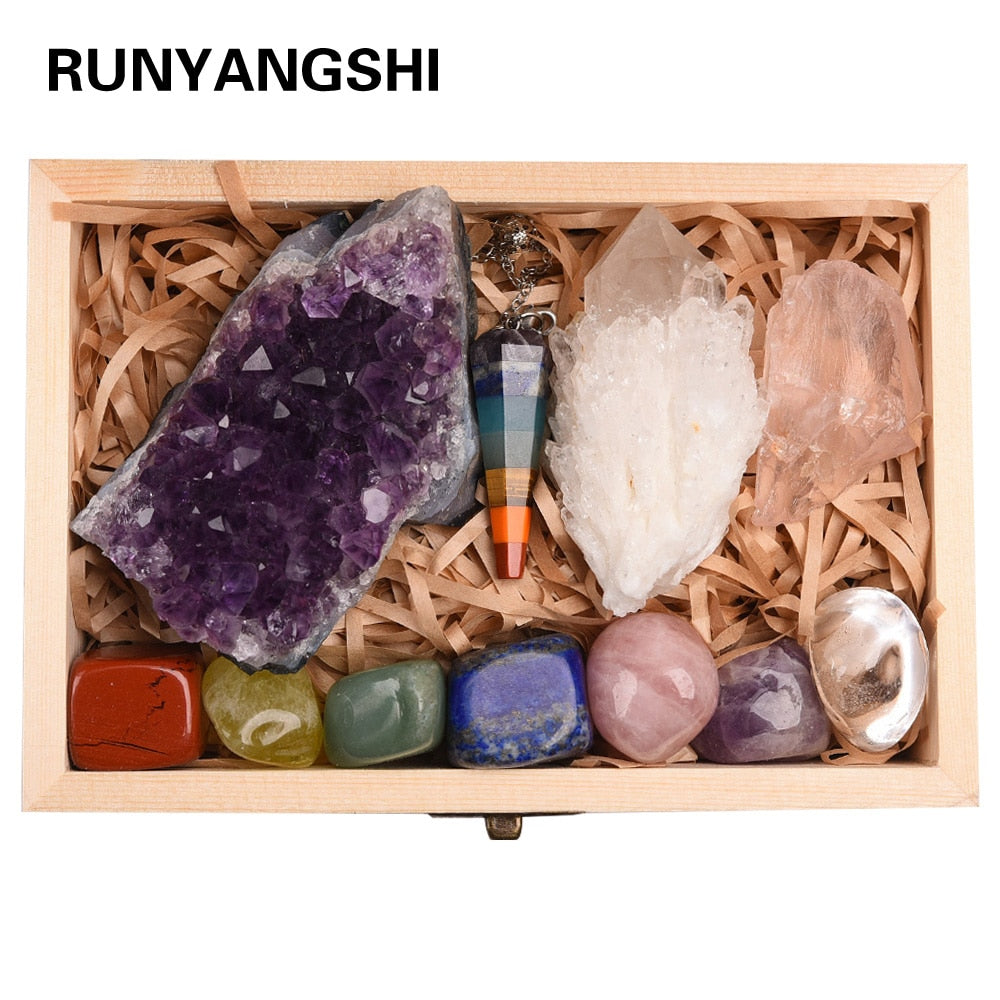 Natural Amethyst Seven chakras therapy stone wooden gift