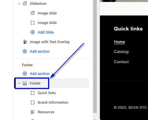 Open footer settings at the bottom of the left sidebar