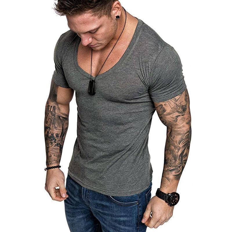 New Fitness T-shirt Men Casual V-Neck Short Sleeve Tshirt Sports Slim Fit Tee Shirt Male Bodybuilding Workout Summer Clothing