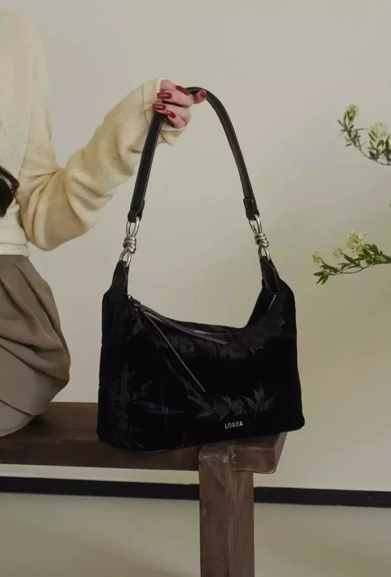 Vintage Black velvet underarm bag with bamboo pattern