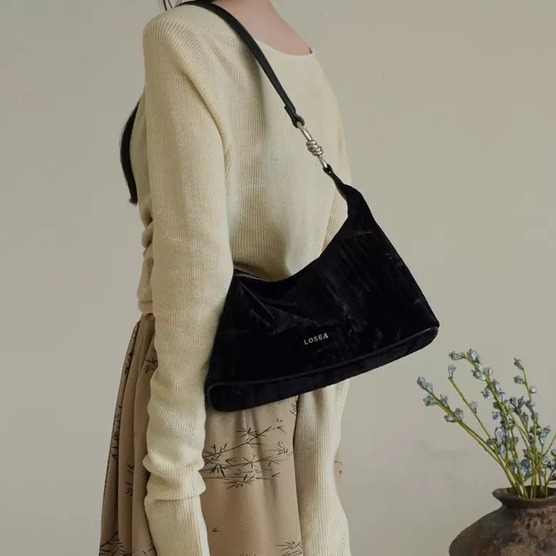 Black velvet underarm bag with bamboo pattern