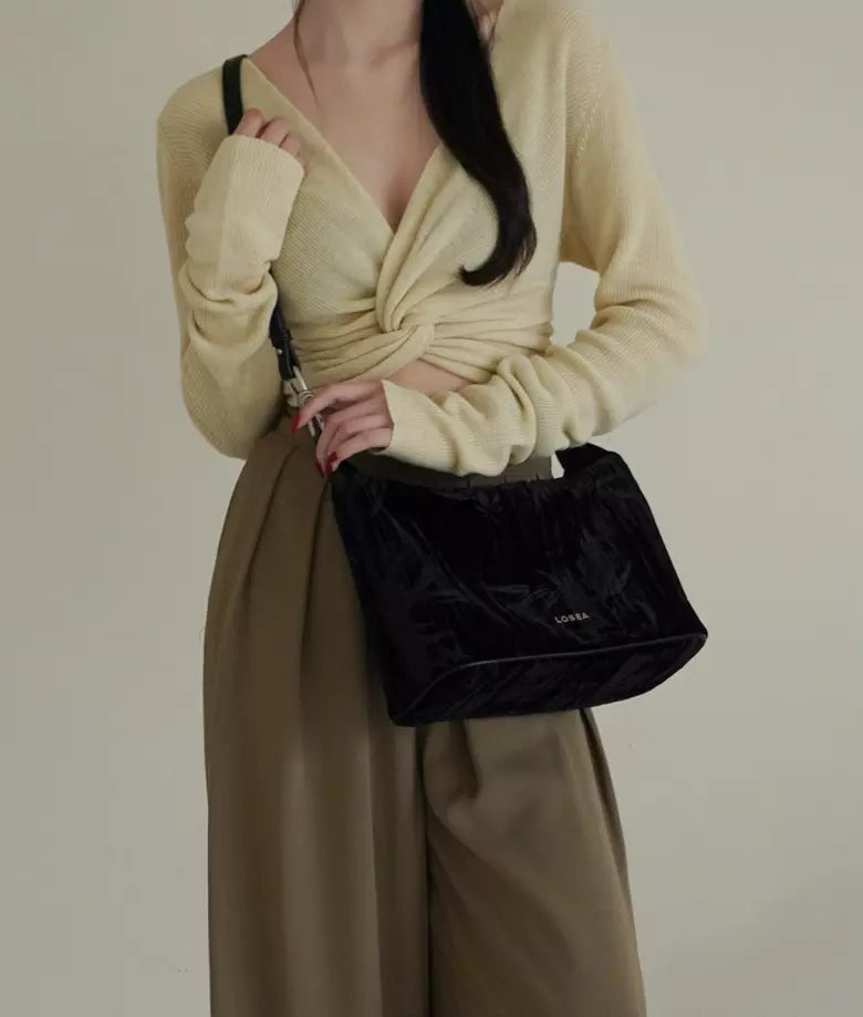 Black velvet underarm bag with bamboo pattern