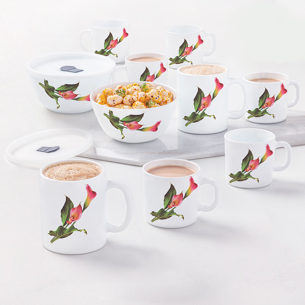 Larah by Borosil, Opalware Stargazer Snack Set With Mugs, White