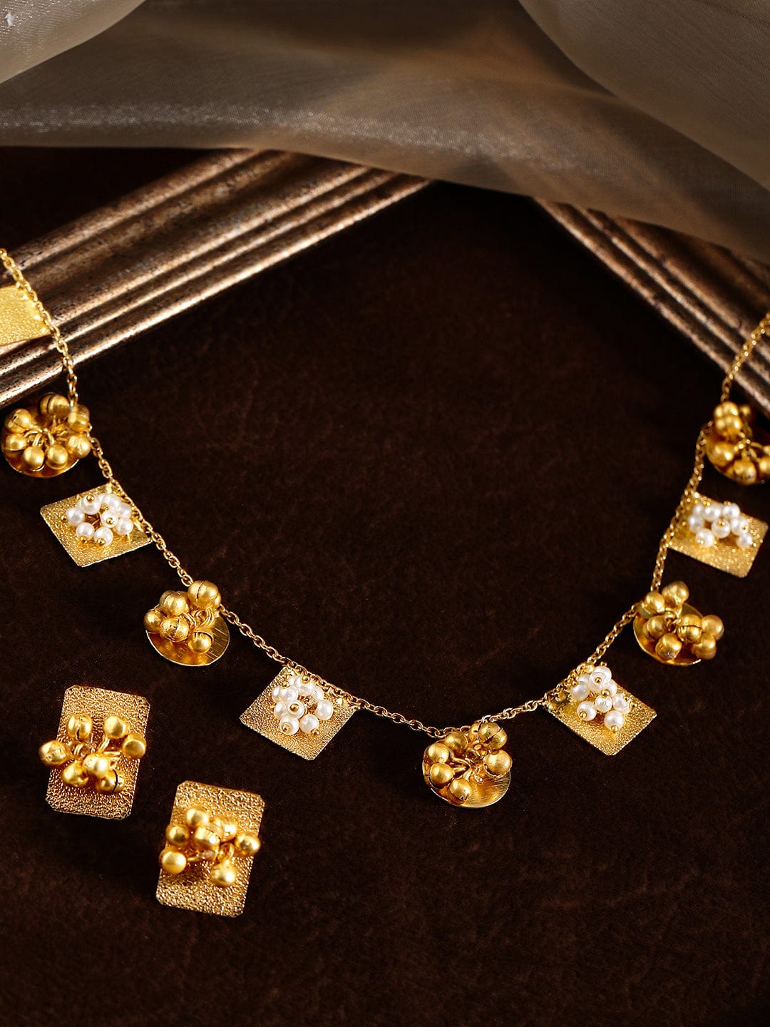 Rubans 24 K Gold Plated Handcrafted Necklace Set With Pearls And Golden Beads.