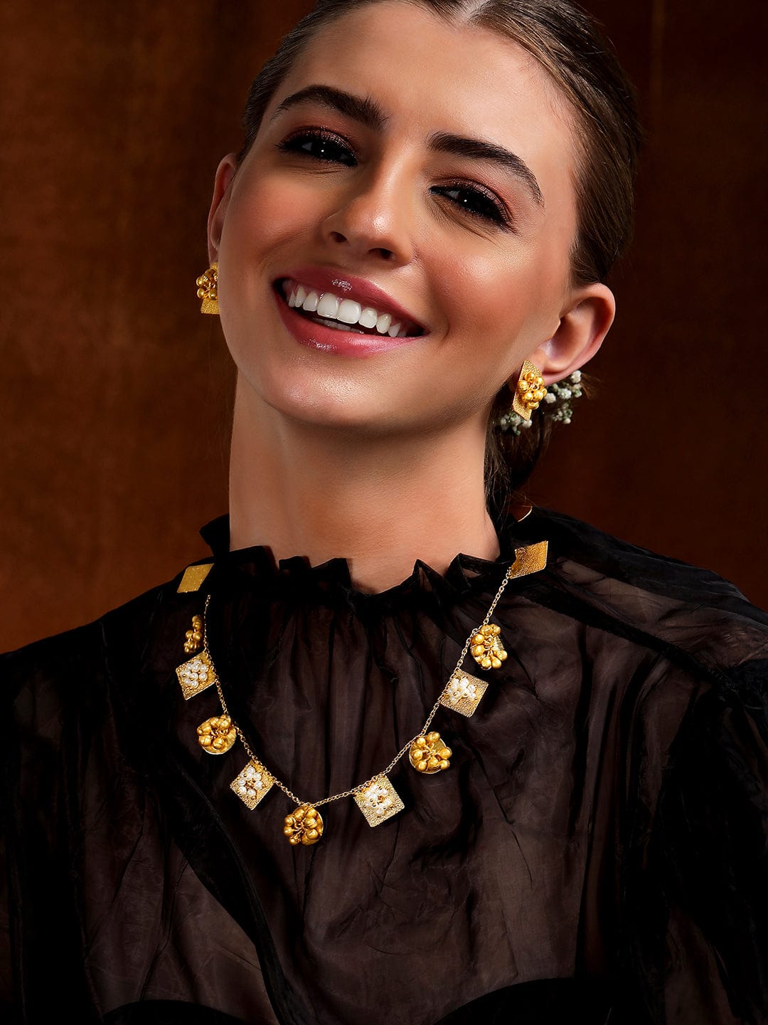 Rubans 24 K Gold Plated Handcrafted Necklace Set With Pearls And Golden Beads.