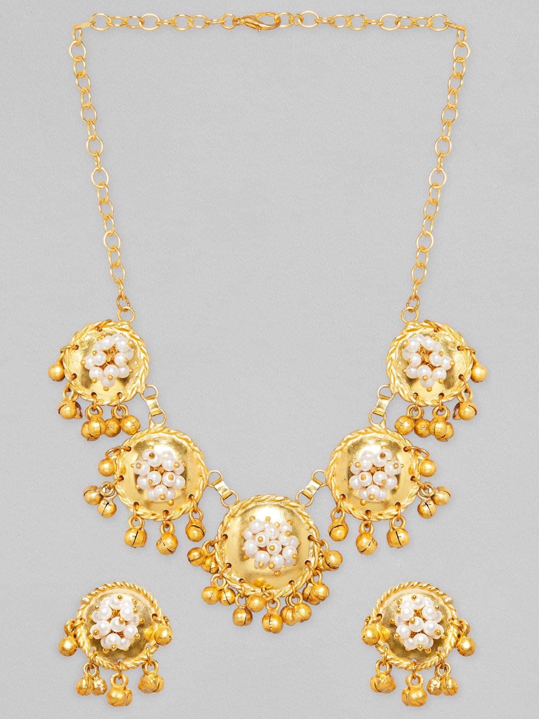 Rubans 24K Gold Plated Handcrafted Necklace Set With Circular Design, Pearls & Golden Beads.