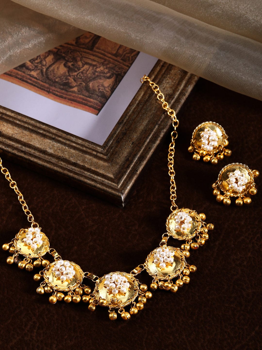 Rubans 24K Gold Plated Handcrafted Necklace Set With Circular Design, Pearls & Golden Beads.
