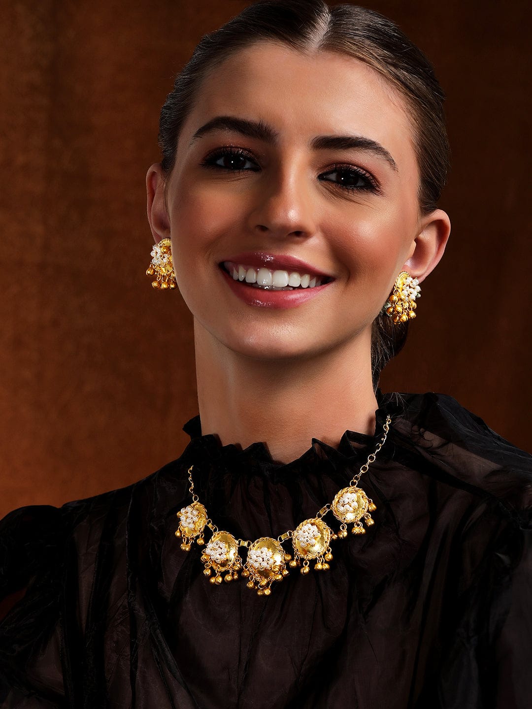 Rubans 24K Gold Plated Handcrafted Necklace Set With Circular Design, Pearls & Golden Beads.