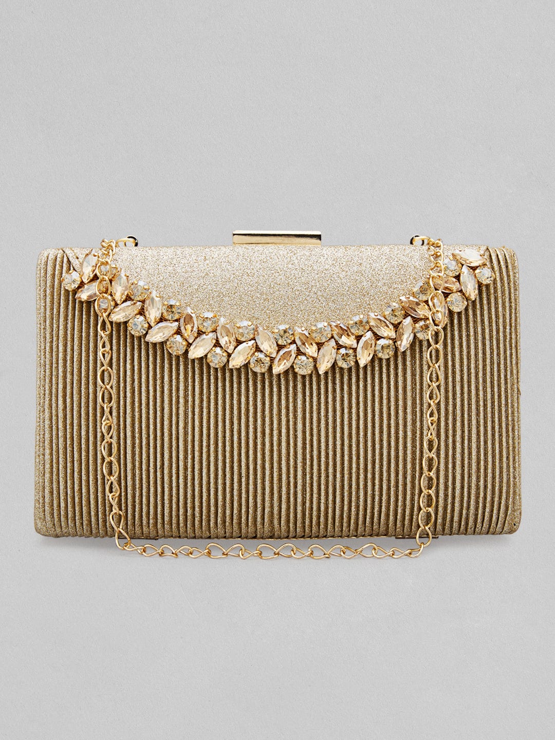 Rubans Golden Coloured Box Clutch With Studded American Diamonds
