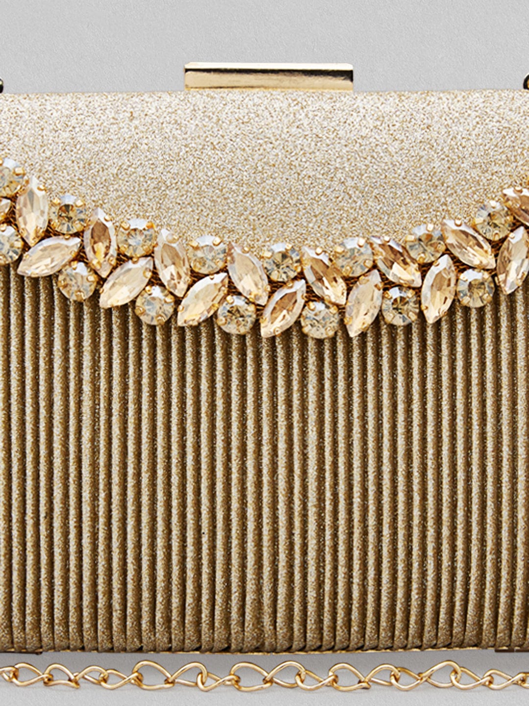 Rubans Golden Coloured Box Clutch With Studded American Diamonds
