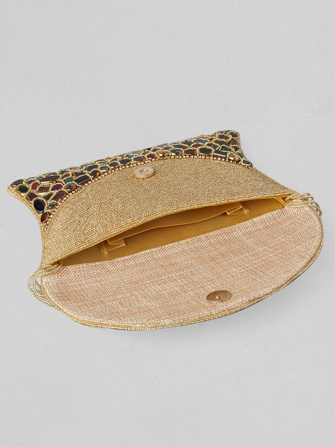 Rubans Multicolour Stone Studded Clutch Bag With Golden Embroided Design.