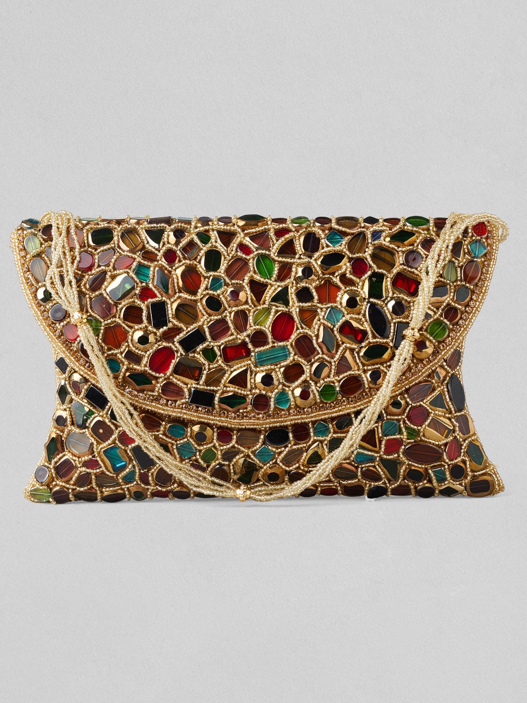 Rubans Multicolour Stone Studded Clutch Bag With Golden Embroided Design.