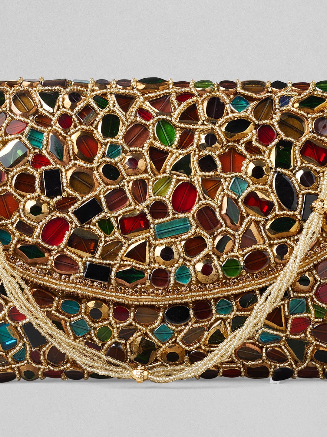 Rubans Multicolour Stone Studded Clutch Bag With Golden Embroided Design.