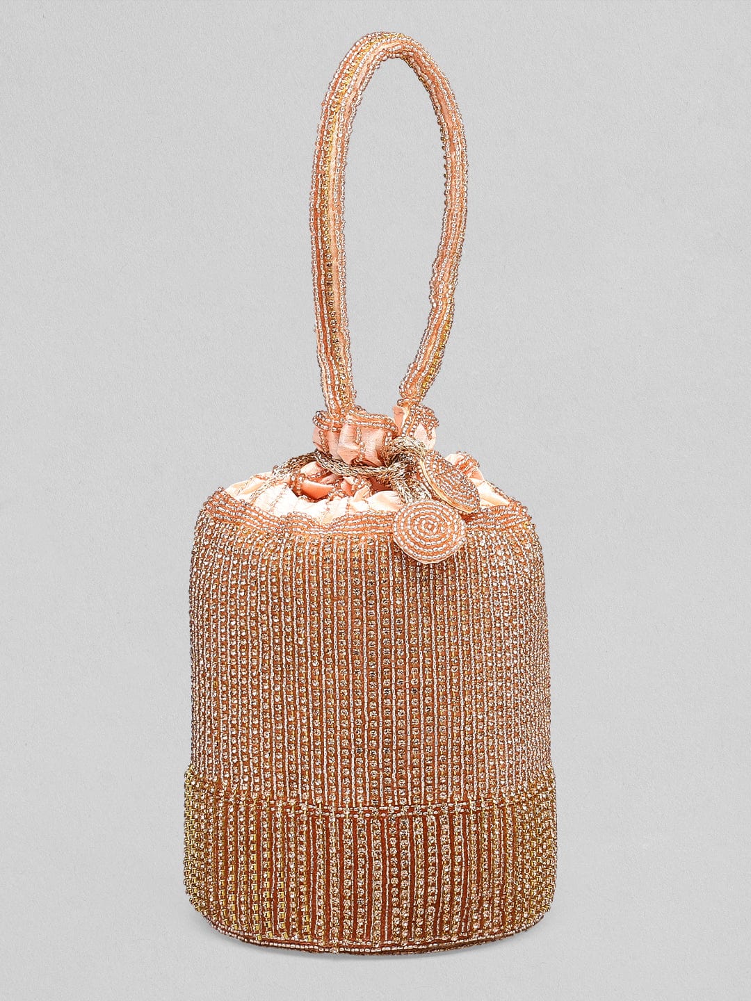 Rubans Peach Coloured Potli Bag With Golden Embroided Design.