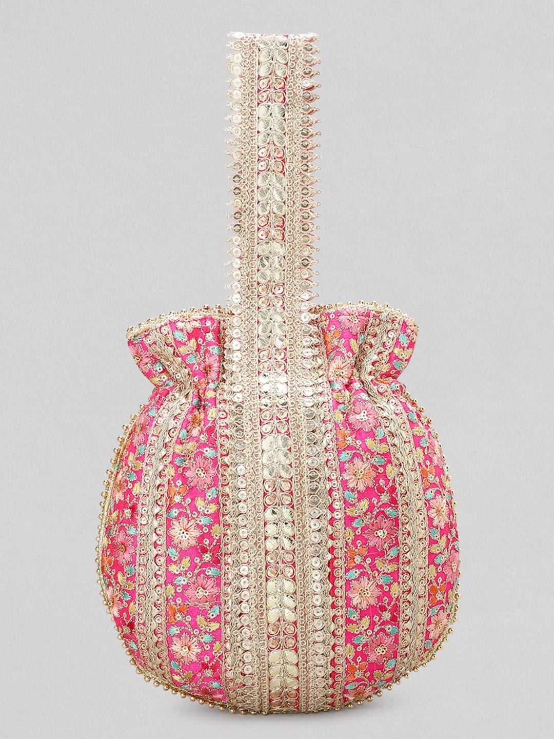 Rubans Pink And Golden Embroidered Potli Bag