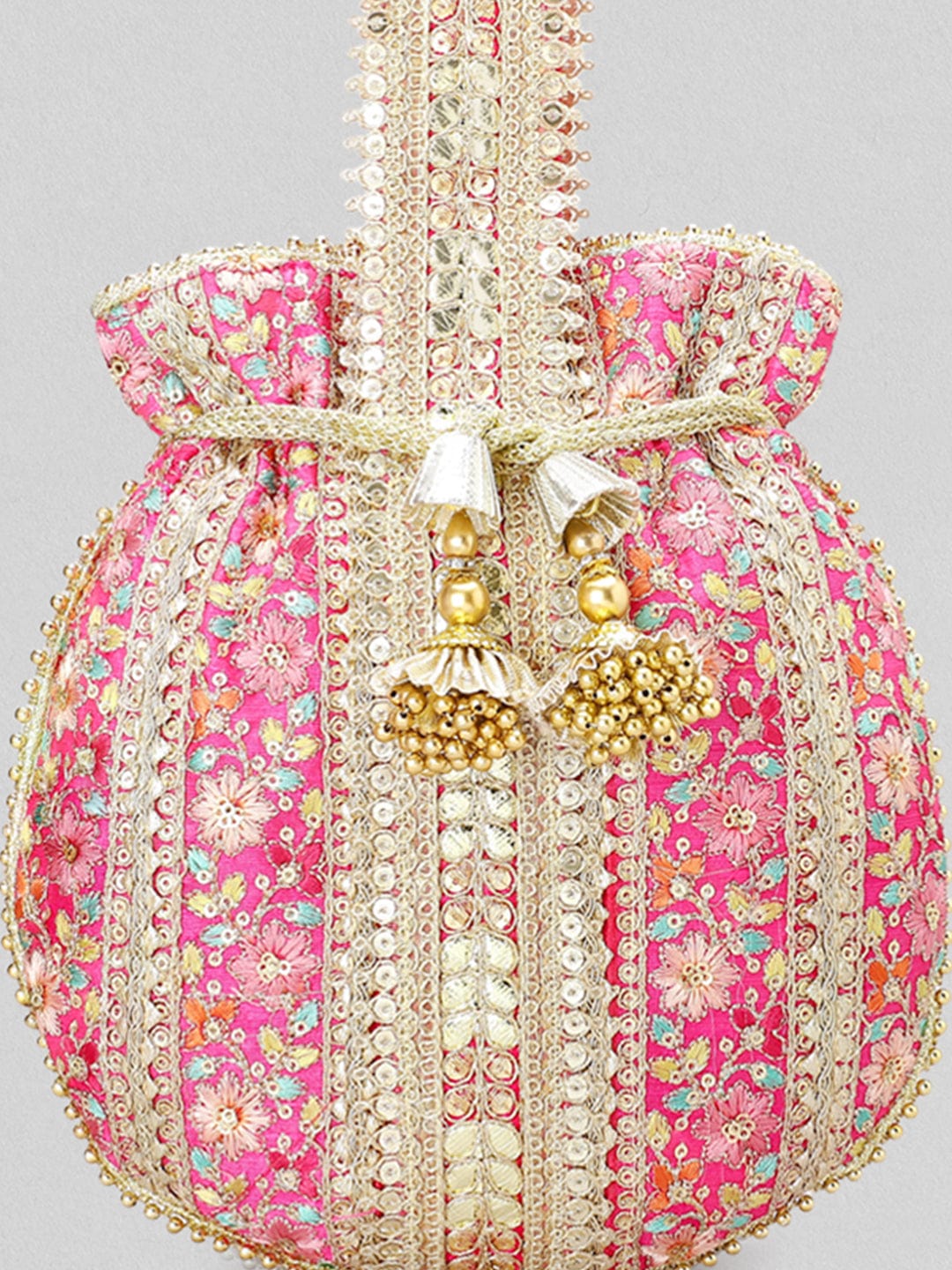 Rubans Pink And Golden Embroidered Potli Bag