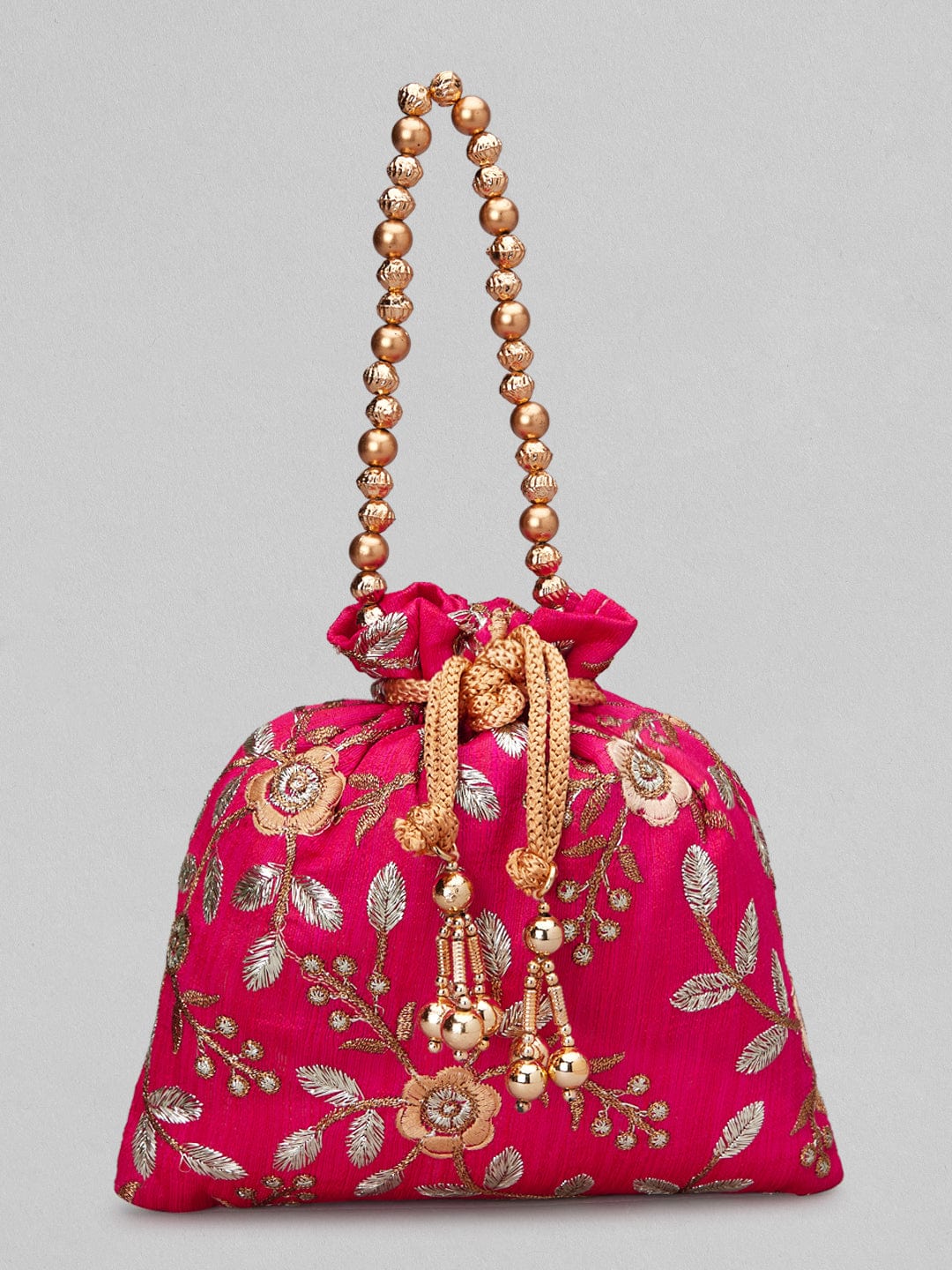 Rubans Pink Coloured Potli Bag With Golden Embroidery And Beads