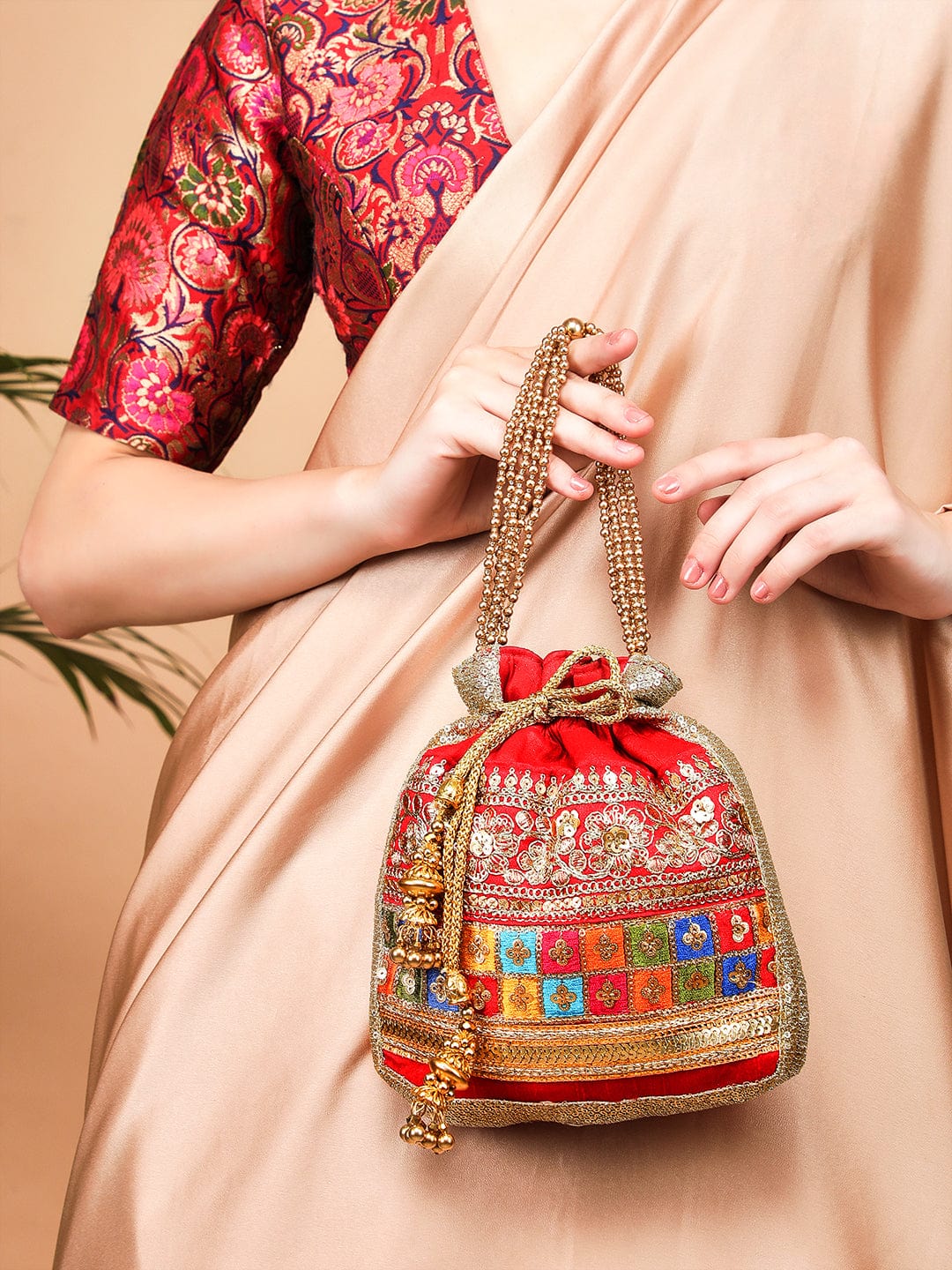 Rubans Red Coloured Potli Bag With Multicoloured And Golden Embroidery