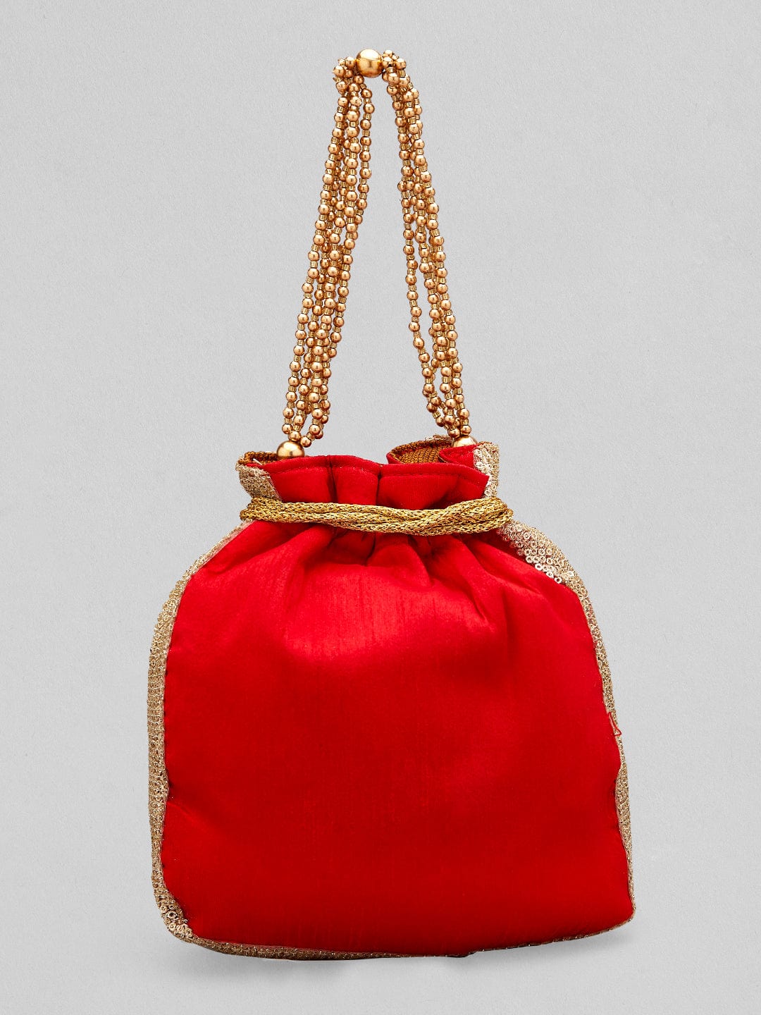 Rubans Red Coloured Potli Bag With Multicoloured And Golden Embroidery