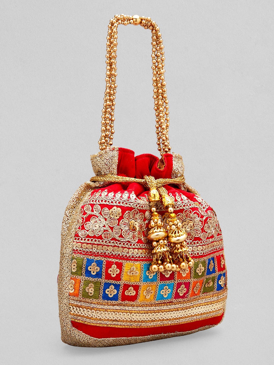 Rubans Red Coloured Potli Bag With Multicoloured And Golden Embroidery