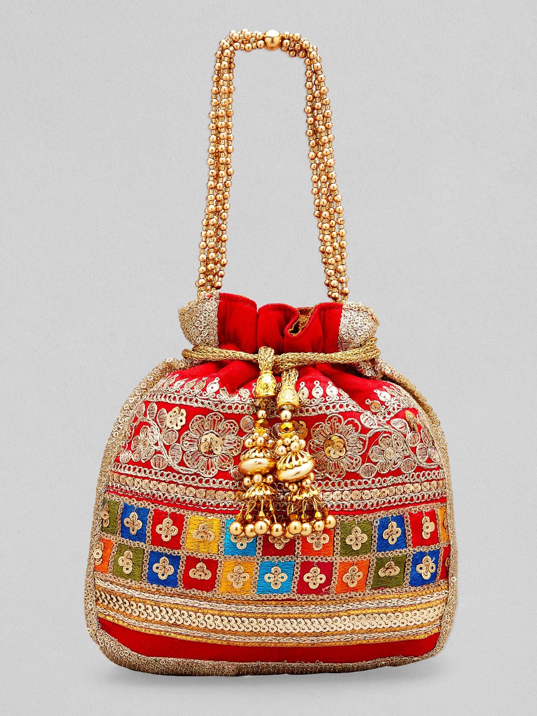 Rubans Red Coloured Potli Bag With Multicoloured And Golden Embroidery