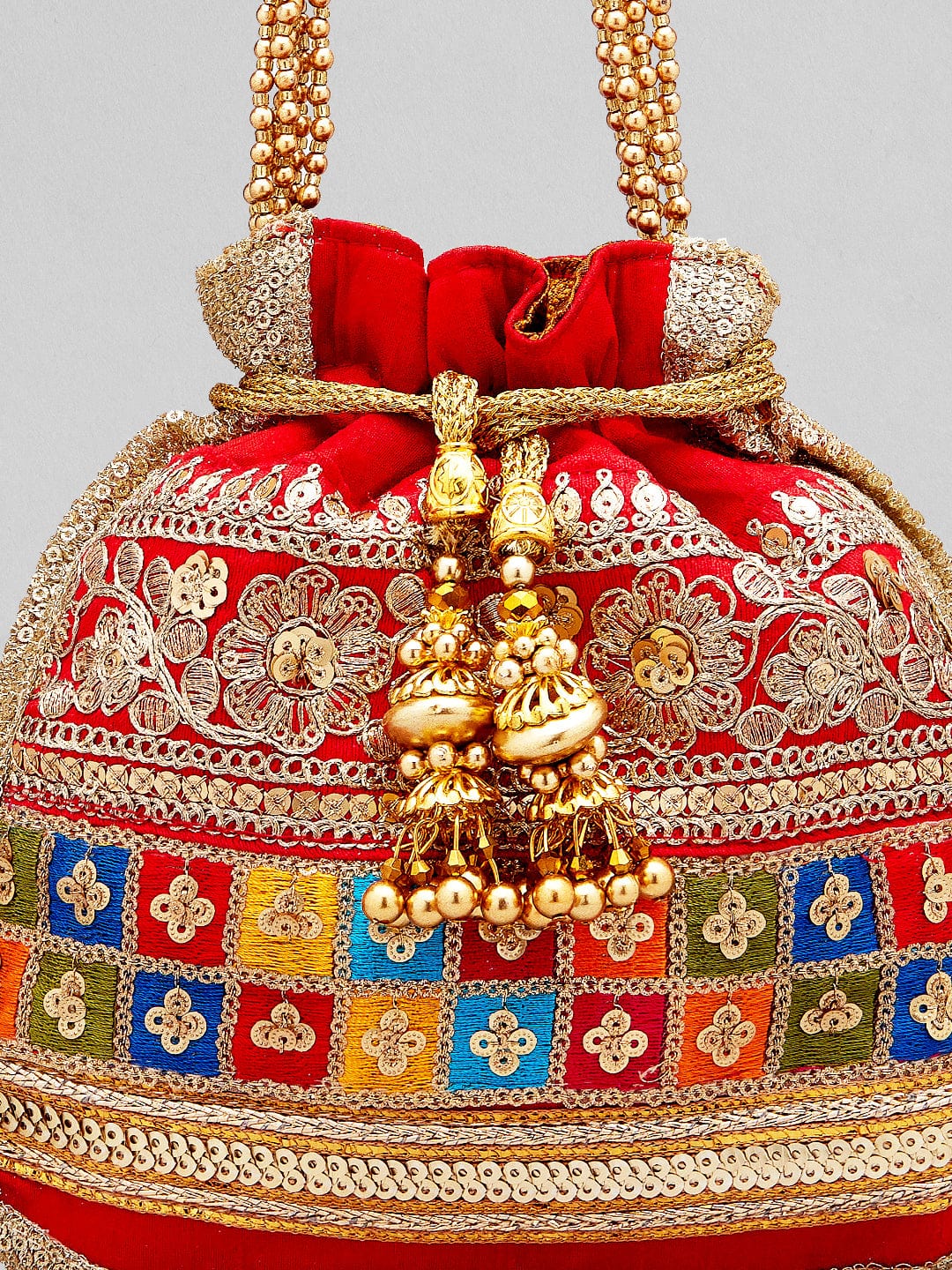 Rubans Red Coloured Potli Bag With Multicoloured And Golden Embroidery