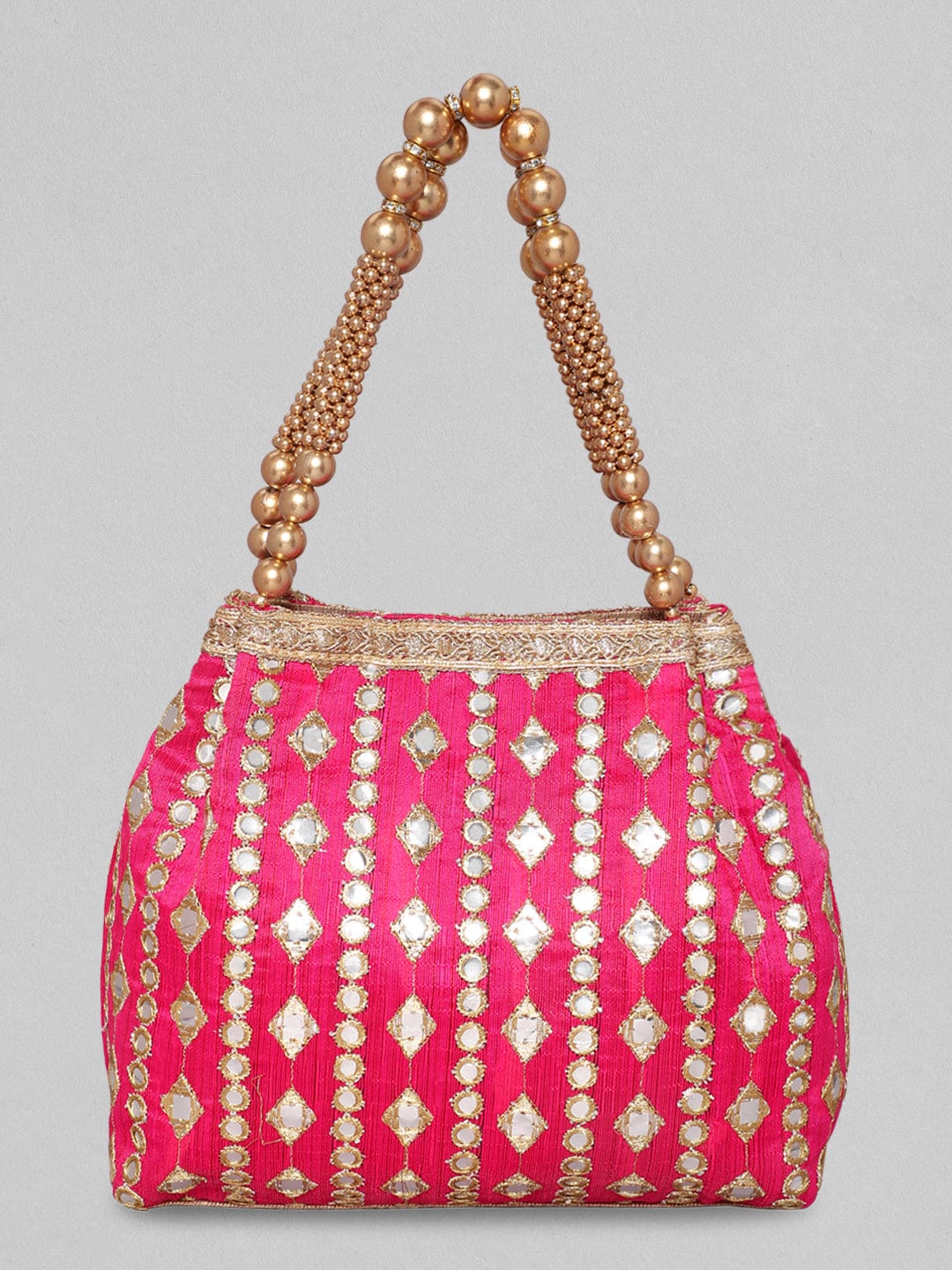Rubans Red With Mirror Studded Gold Beaded Potli Bag