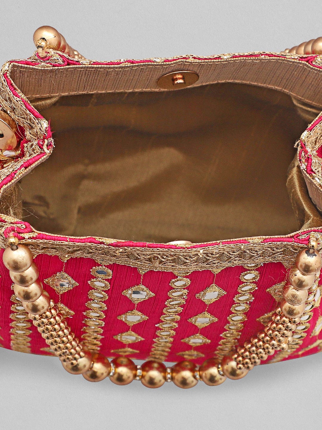 Rubans Red With Mirror Studded Gold Beaded Potli Bag