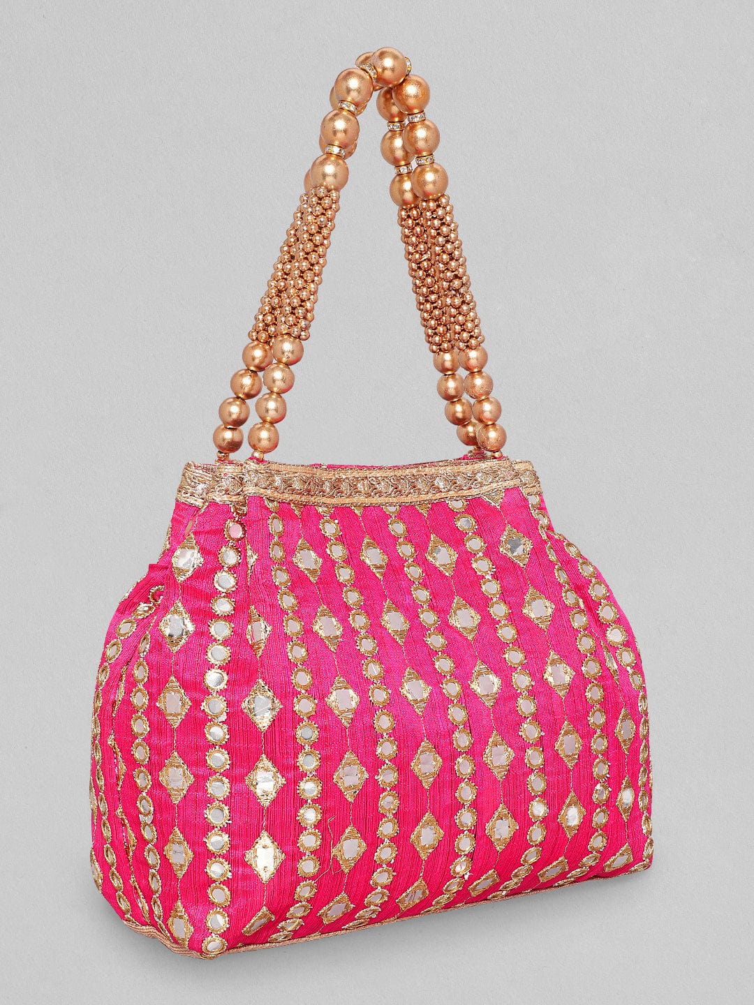 Rubans Red With Mirror Studded Gold Beaded Potli Bag