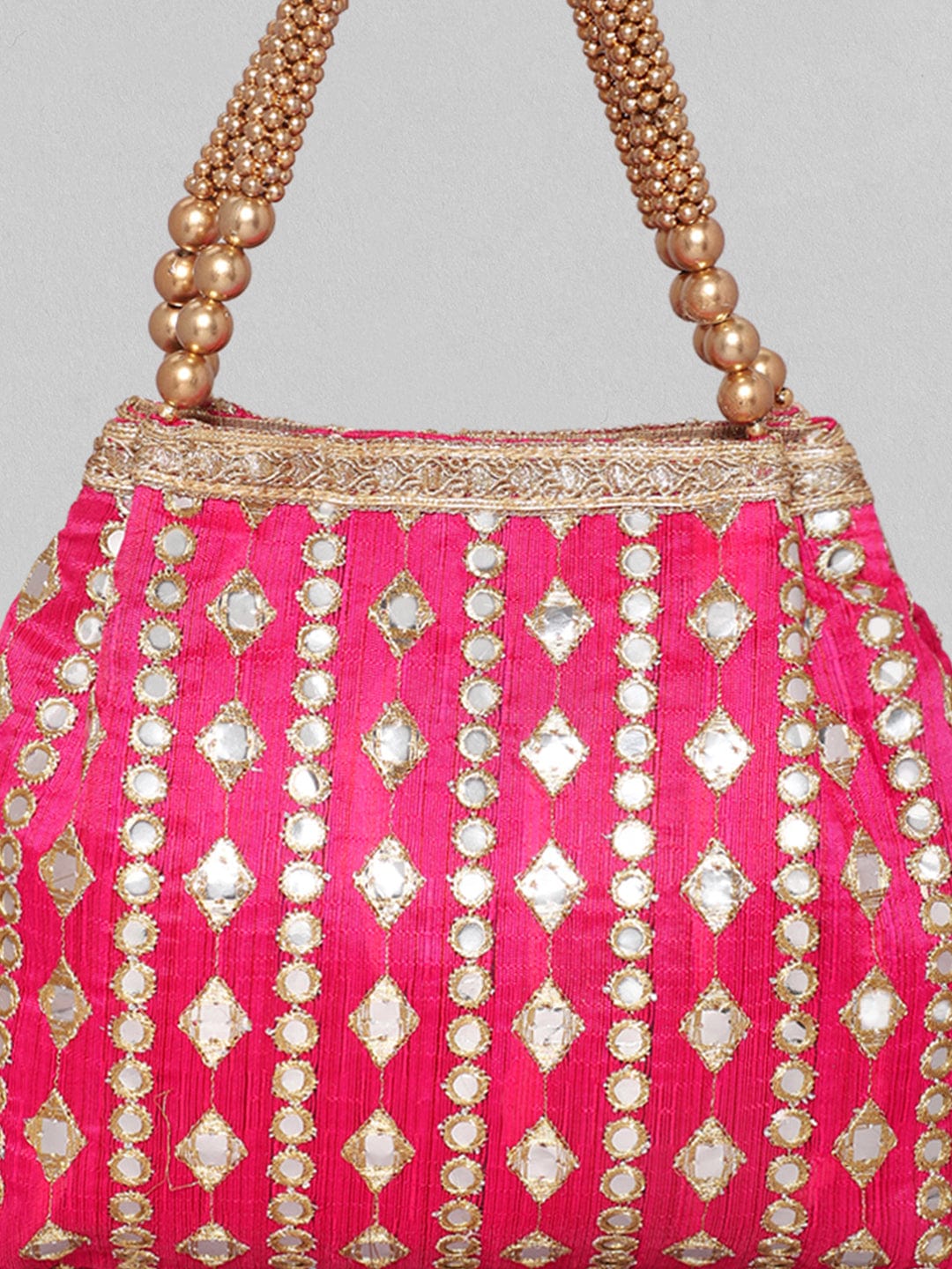 Rubans Red With Mirror Studded Gold Beaded Potli Bag