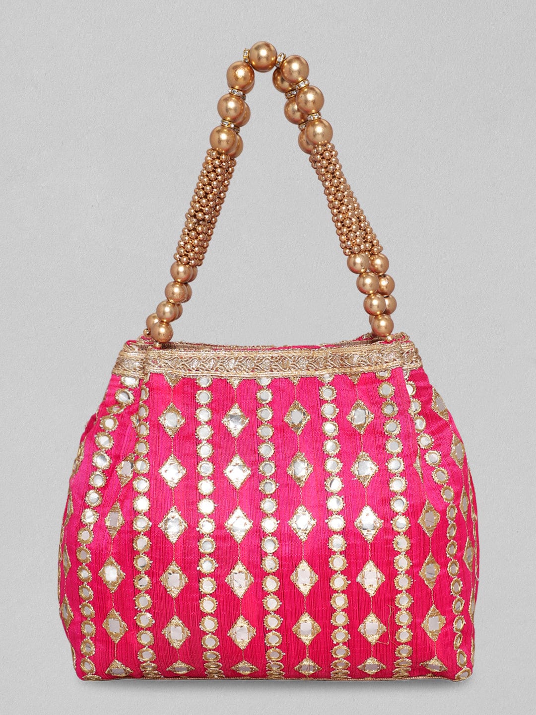 Rubans Red With Mirror Studded Gold Beaded Potli Bag