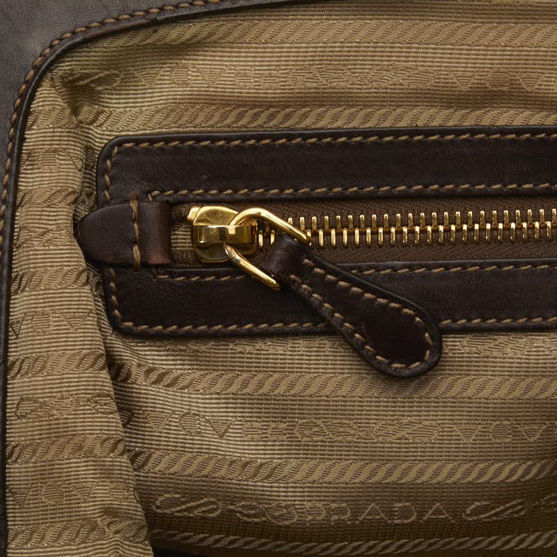 Prada Logo Card Handbag Tote Bag Beige Brown Canvas Leather  Prada