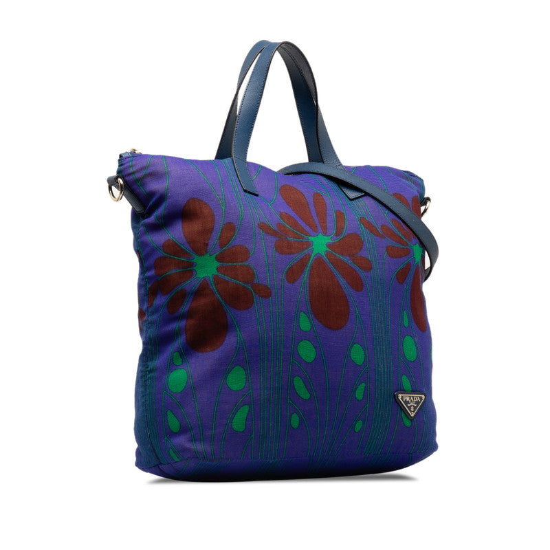 Prada Triangle Logo  Flower Motif Tote Bag 2WAY Blue Green Nylon Leather  Prada