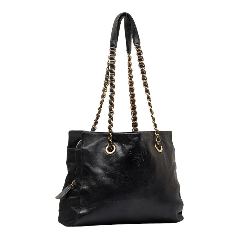 Prada Chain Shoulder Bag B4328 Black Leather Nylon  Prada