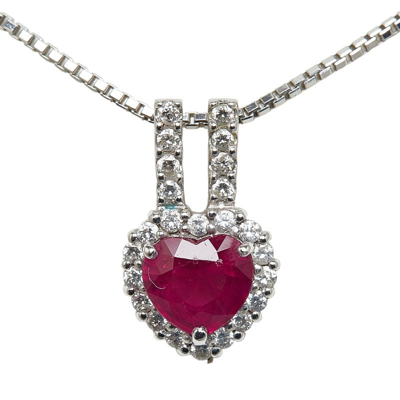 K18WG white gold ru 1.24ct diamond 0.30ct heart motif pendant necklace ladies