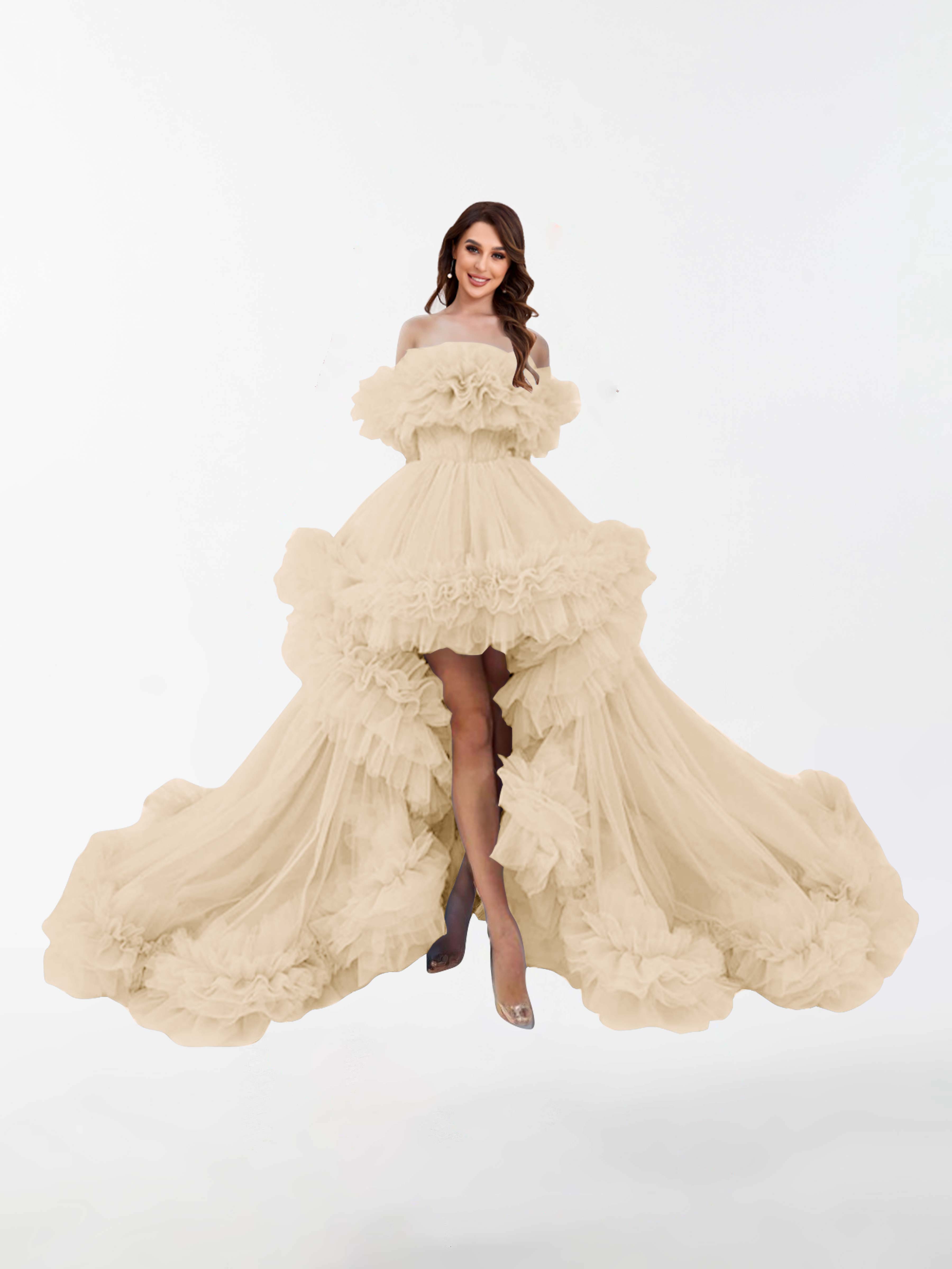 Evangeline Tulle Irregular Ruffled High Low Sweep Brush Train Maternity Dress