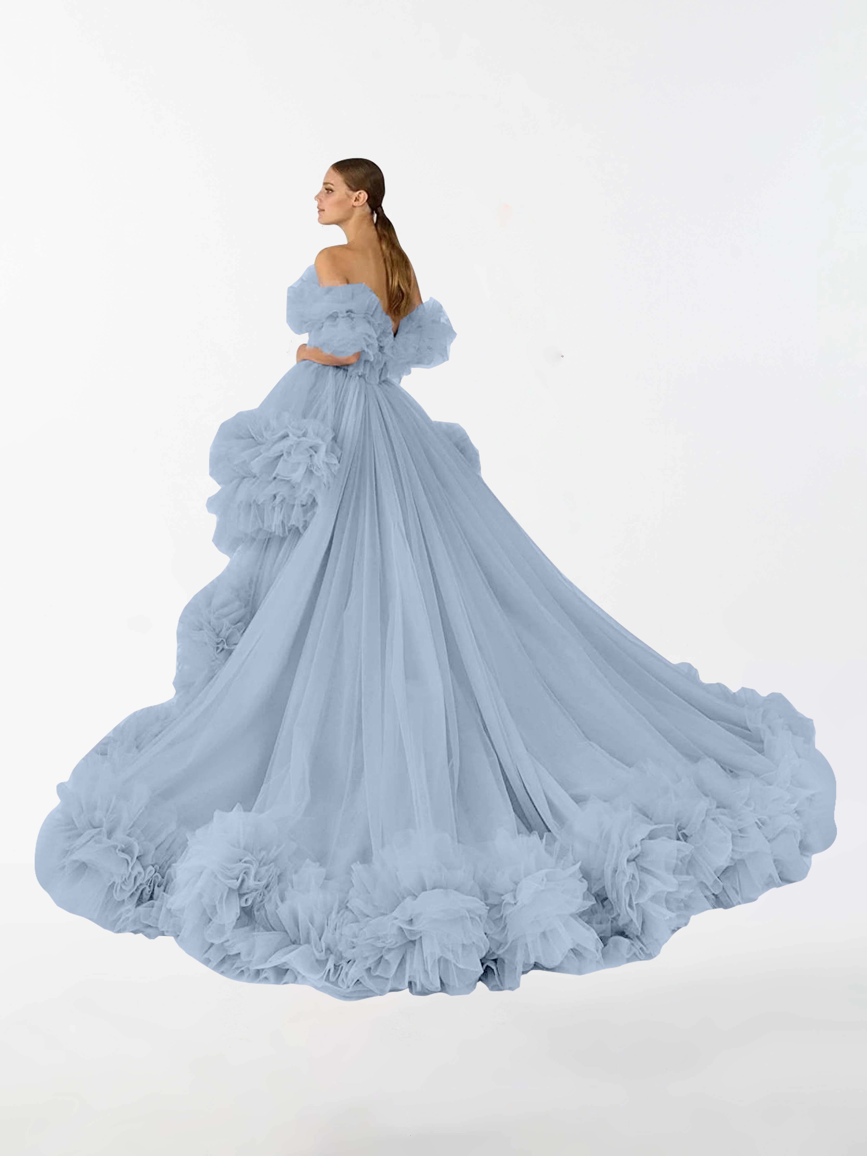 Evangeline Tulle Irregular Ruffled High Low Sweep Brush Train Maternity Dress