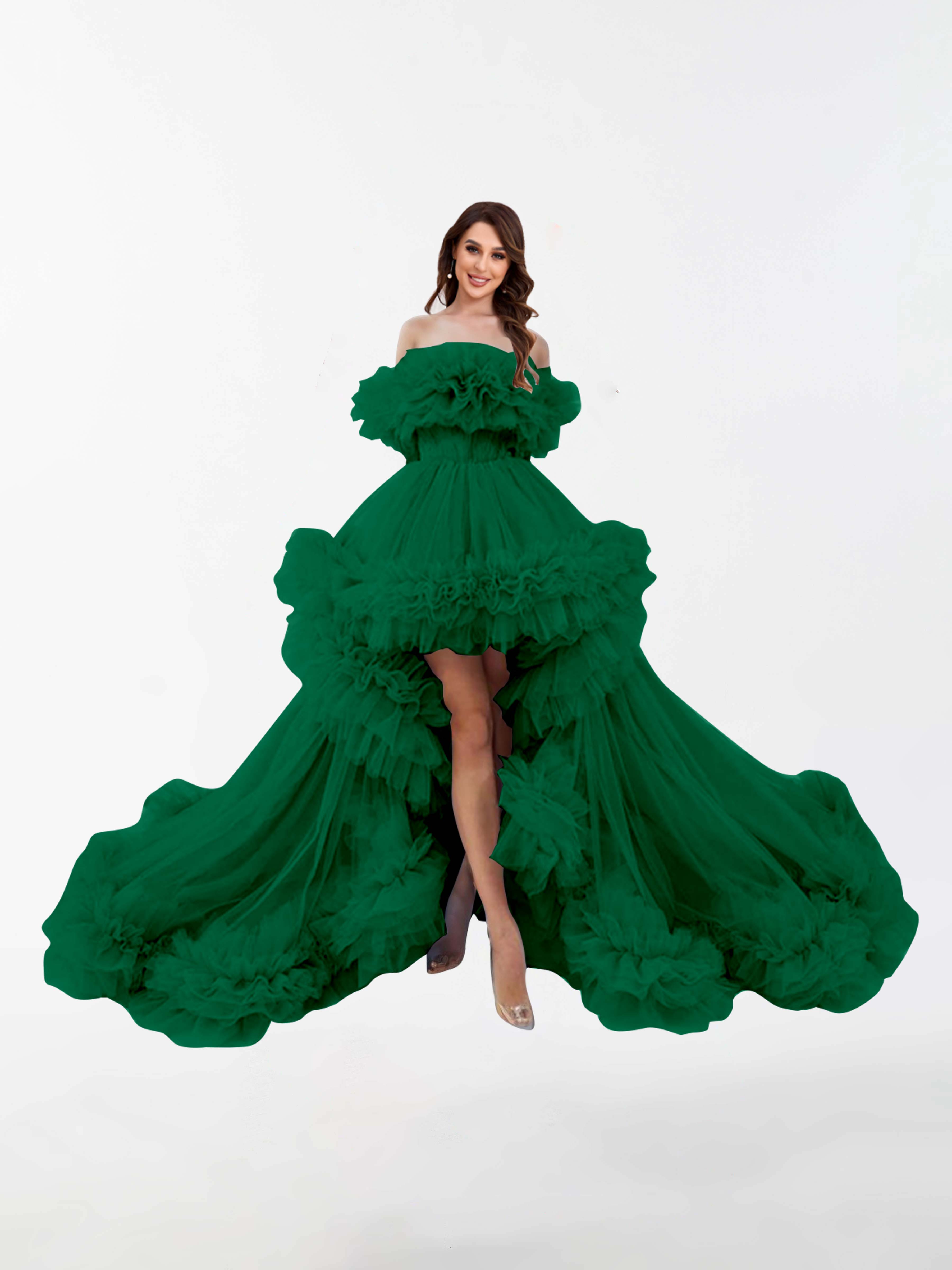 Evangeline Tulle Irregular Ruffled High Low Sweep Brush Train Maternity Dress