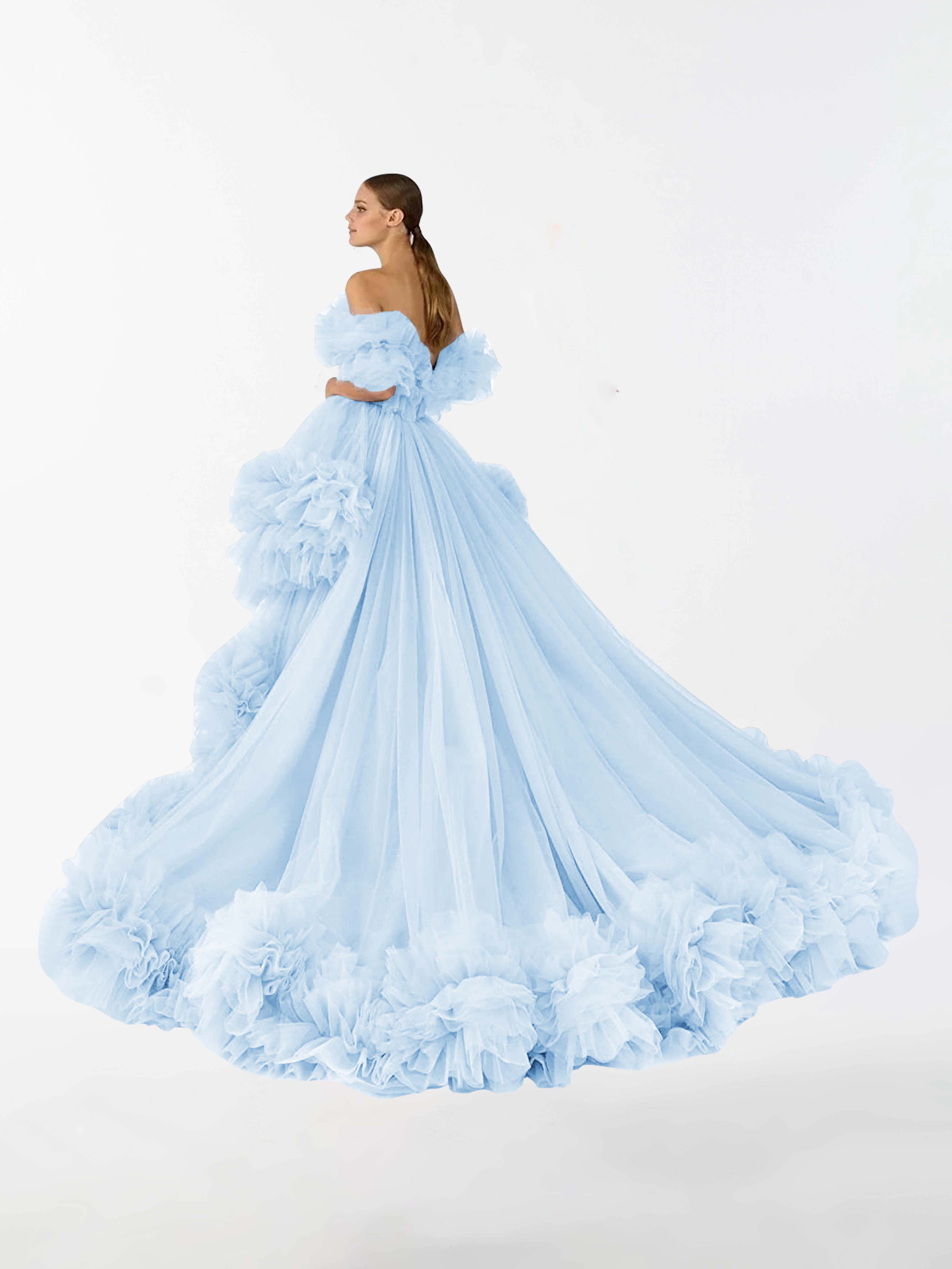 Evangeline Tulle Irregular Ruffled High Low Sweep Brush Train Maternity Dress